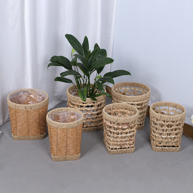 Nórdico ins viento trenzado plantas de paja decoración canasta de flores balcón sala de estar tipo piso estante de flores trenzado maceta image 4