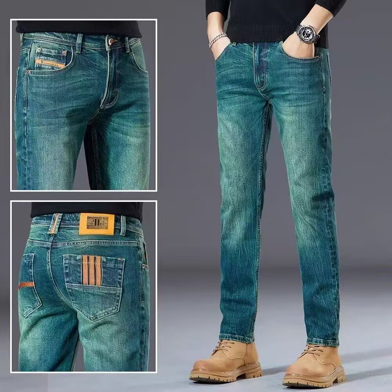 Versatile Men's High-End Green Jeans, Slim Fit, Trendy 2025 Fashion, Versatile Stretchy Long Pants for Outdoor Wear