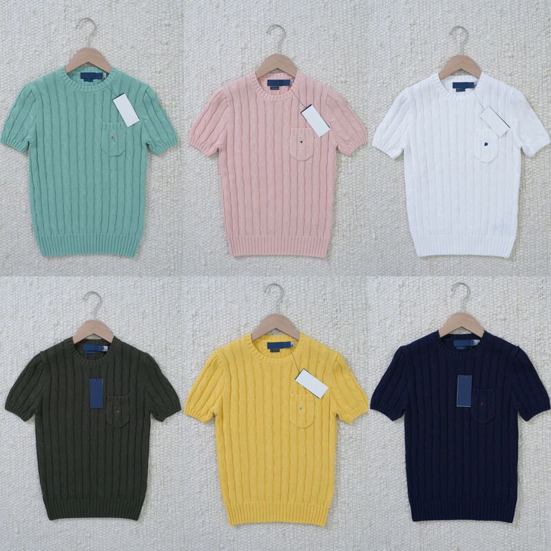 Can Be Scanned for Code/High-Quality Pony Embroidery Pocket Short-Sleeve Knit Sweater with Cable Knit Round Neck Pullover for Women, New Summer Style