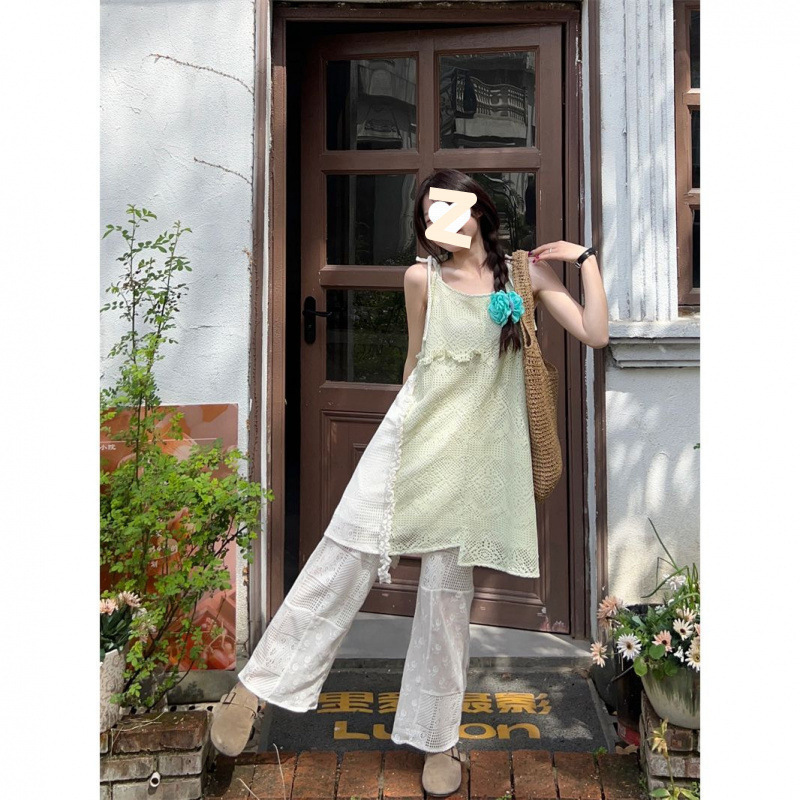 New Chinese Style Design Irregular Contrasting Color Suspender Dress Women's Hollow Lace Straight Long Pants Two-Piece Set New Chinese Style Design Irregular Contrasting Color Suspender Dress Women's Hollow Lace Straight Long Pants Two-Piece Set