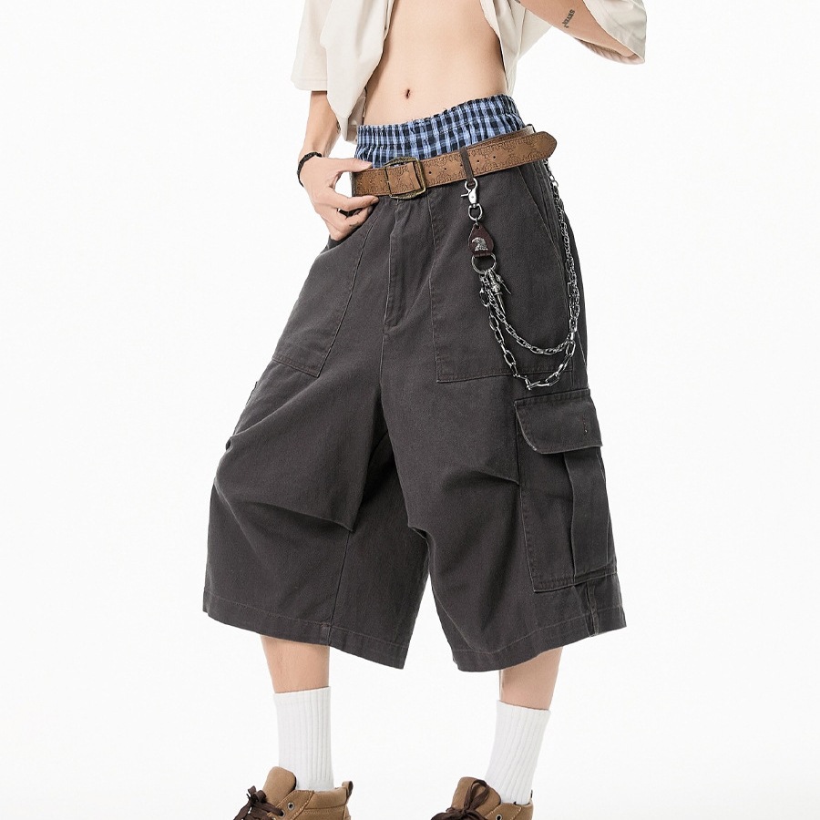 2025 Summer New American High Street Pocket Cargo Loose Cropped Pants Fashionable Loose Over-The-Knee Shorts for Men