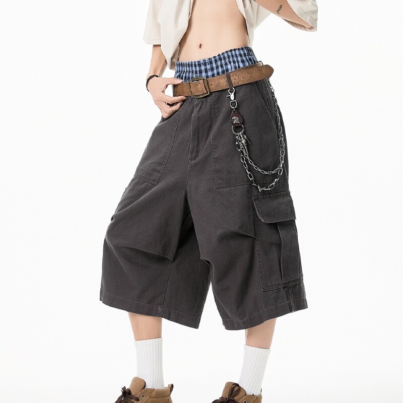 2025 Summer New American High Street Pocket Cargo Loose Cropped Pants Fashionable Loose Over-The-Knee Shorts for Men 2025 Summer New American High Street Pocket Cargo Loose Cropped Pants Fashionable Loose Over-The-Knee Shorts for Men
