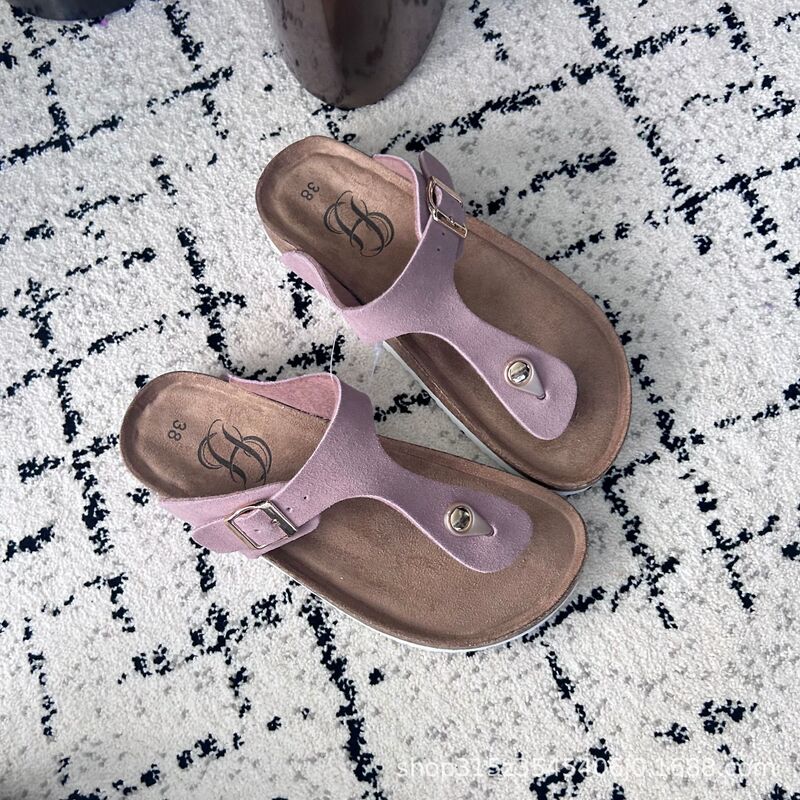 Women's new sandals cowhide leather cork summer flip flops wooden slippers beach shoes flip-flops beach non-slip