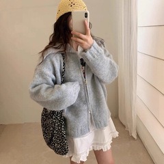 设计感花线大翻领双拉链羊毛针织开衫女秋冬新款宽松软糯毛衣外套
