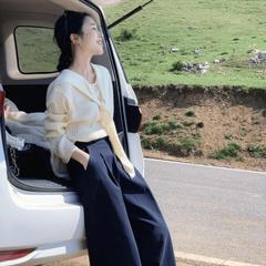早秋穿搭慵懒风假两件海军领披肩针织上衣女新款宽松阔腿裤子套装