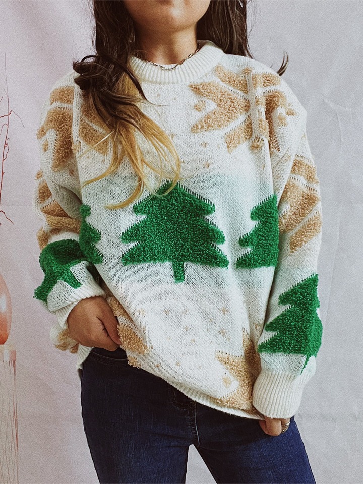Amazon transfronterizo otoño e invierno nuevo árbol de Navidad jacquard cuello redondo manga larga engrosada Jersey de punto suéter de Navidad para las mujeres