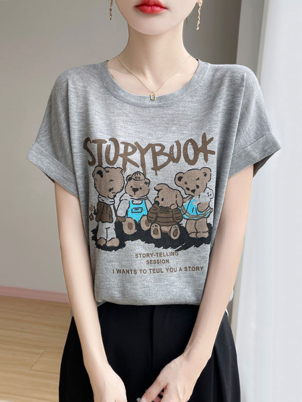 【メーカー直送】ラウンドネックテンセル半袖Tシャツレディース夏新作クマプリントアイスシルクセータートップス|undefined