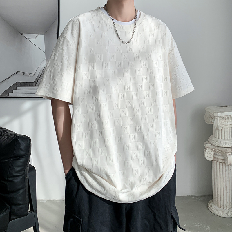 Nicho de diseño texturizado jacquard hombre de manga corta estilo de Hong Kong tendencia de verano transpirable camiseta casual abrigo image 8