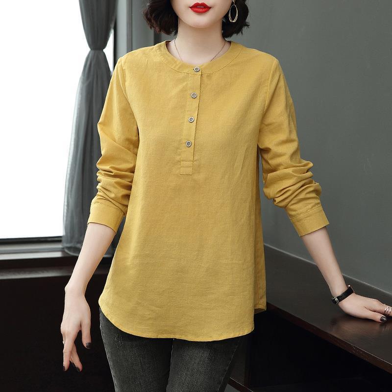 Cotton and Linen Shirt for Women, Long-Sleeved, Loose Fit, 2026 New Spring Fashion, Stand Collar, Stylish Plus Size, Casual Linen Top