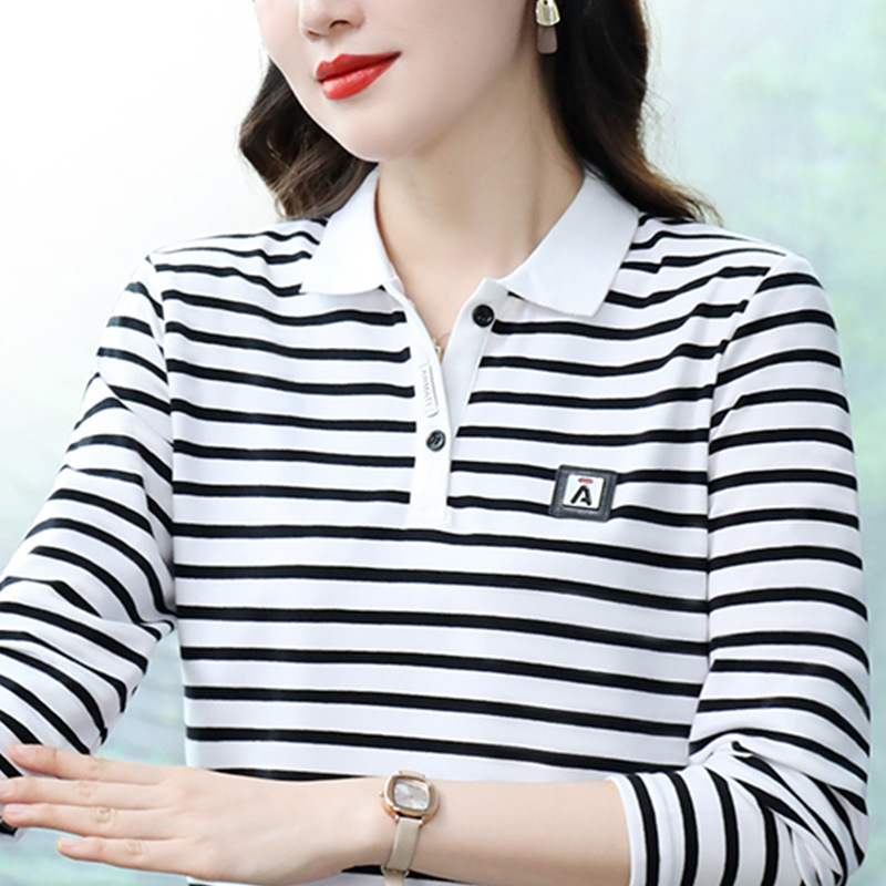 Pure CoTTon Women's ShirT STripesd Long-sleeved T-shirT Women's Spring & Fall 2023 New Middle-aged MoTher Slim polo ShirT T
