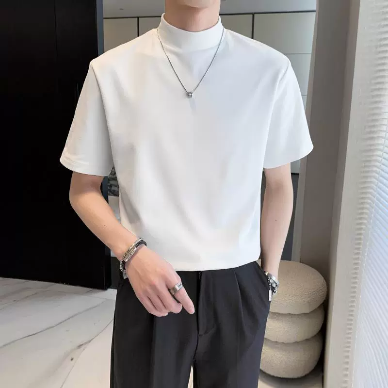 Summer base white body-friendly solid short sleeve T-shirt, high collar