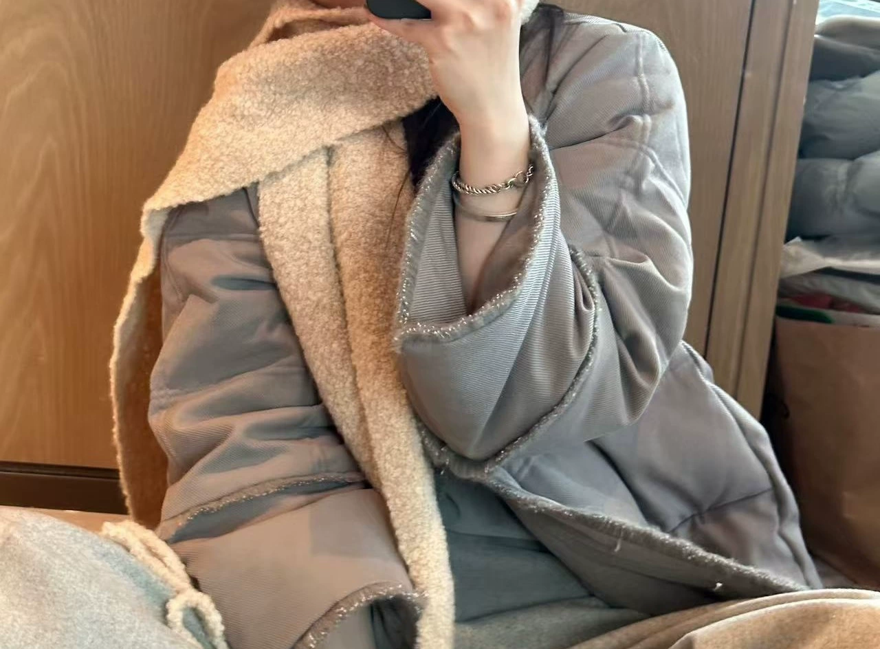 Velvet beige khaki down jacket, duck down, Chanel style