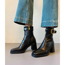 现货静音底软皮高跟气质短靴子秋冬新款百搭方头粗跟瘦瘦靴马丁靴