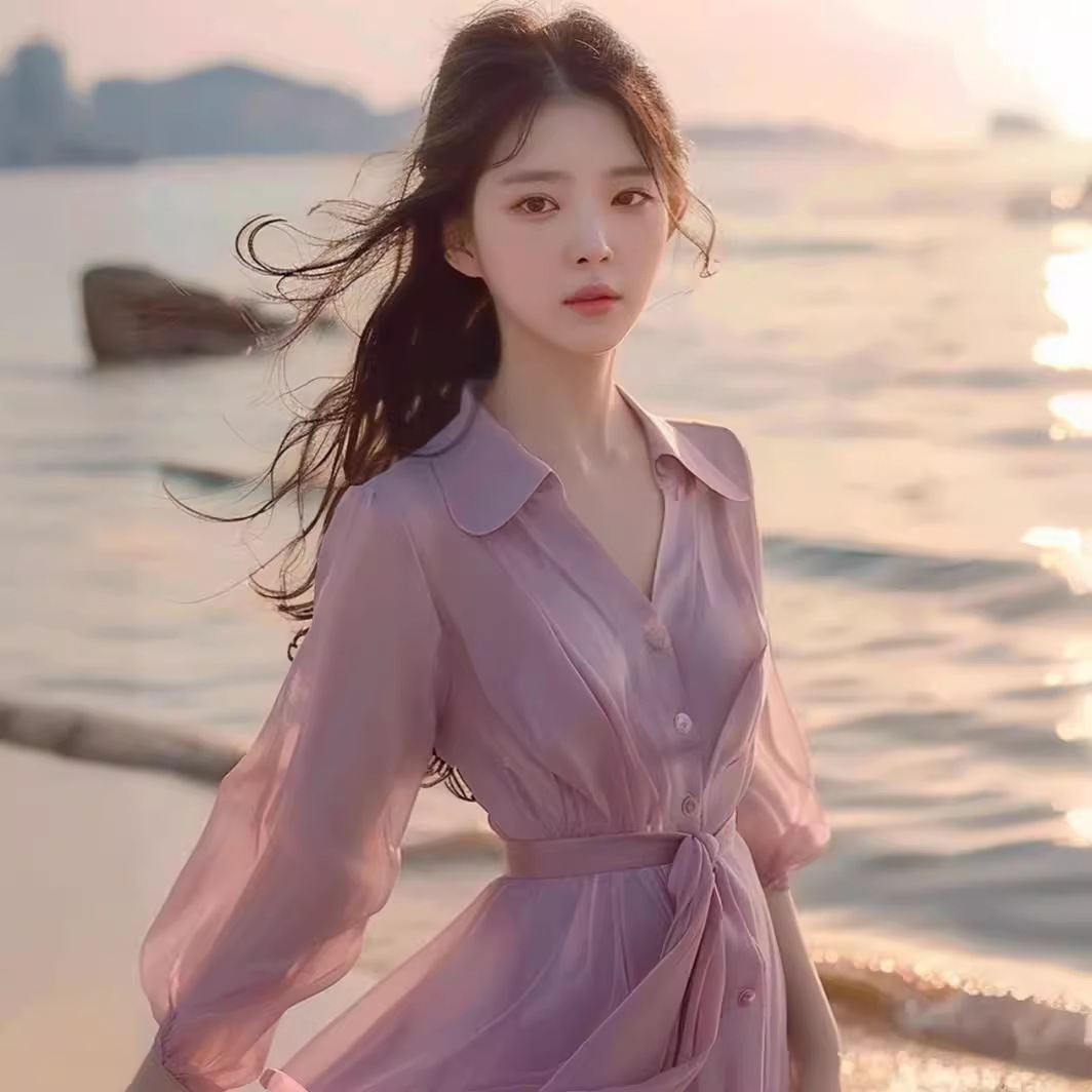 Đầm sơ mi nữ tay ngắn chất voan nhẹ nhàng phong cách đi biển mùa hè — Màu tím