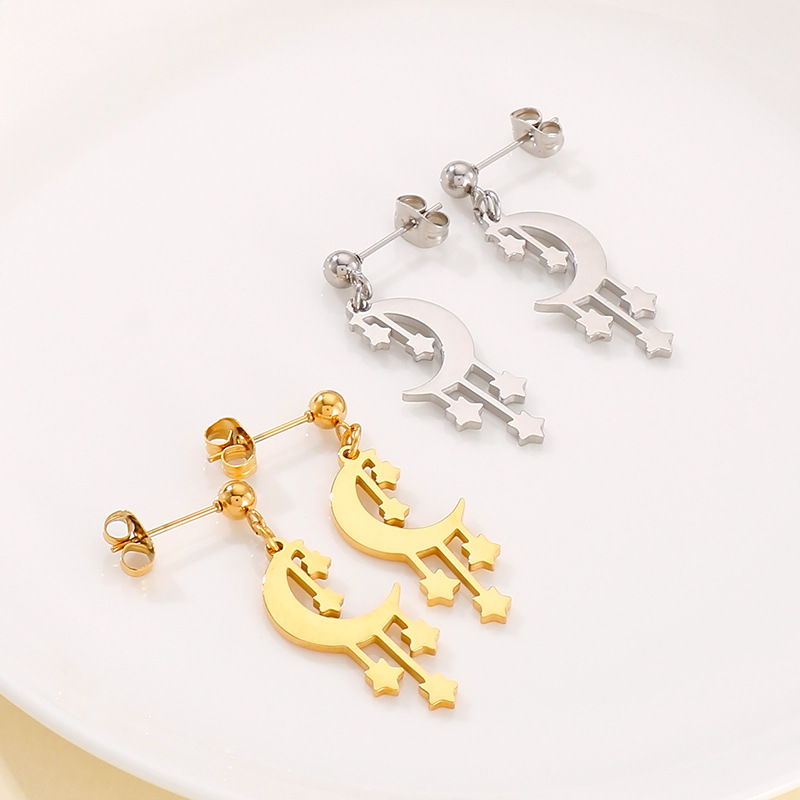 Fashion Star Moon Stainless Steel No Inlaid Earrings Necklace