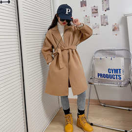 女童毛呢外套儿童呢子中长款双面呢羊绒大衣洋气秋冬大童腰带风衣