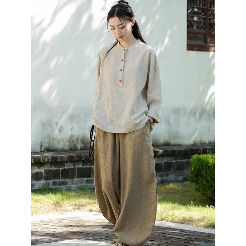 禅服棉麻盘扣居士服秋季中国风佛系禅意素衣女新中式太极表演服|undefined