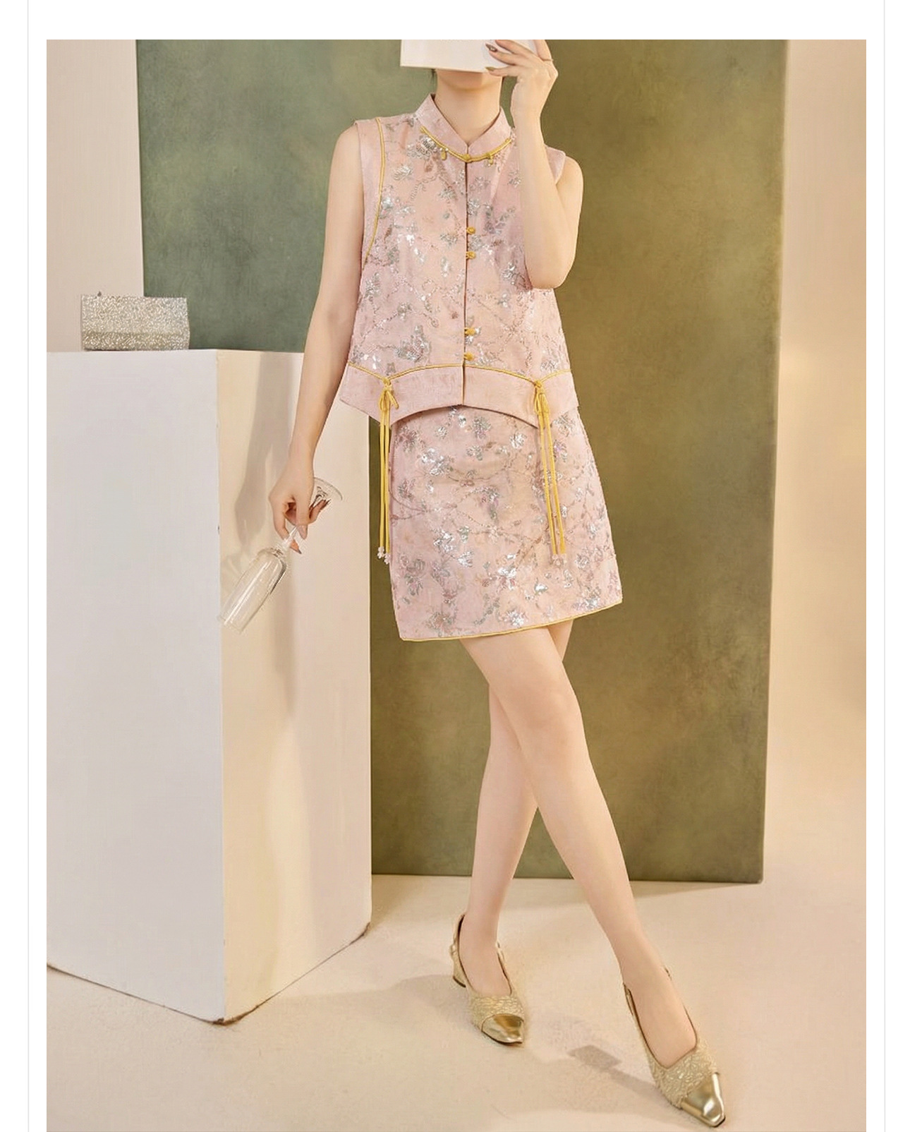 Áo hai dây thêu sequin phối tua rua cổ đứng – set chân váy midi phong cách tân Trung Hoa — nửa váy, Trang chủ chi tiết 4