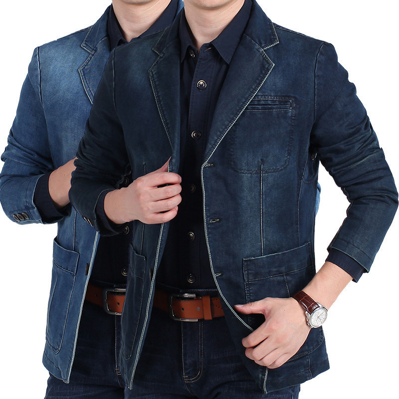 Spring and Autumn New Casual Denim Blazer Men's Handsome Trendy Brand Slim Solid Color Small Suit Fashion Top Tops Spring and Autumn New Casual Denim Blazer Men's Handsome Trendy Brand Slim Solid Color Small Suit Fashion Top Tops
