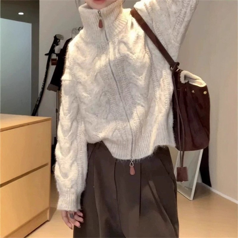 秋冬穿搭慵懒风高领毛衣加厚女2025新款双拉链设计感开衫女装外套|undefined