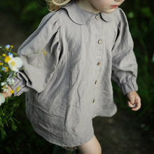 童装亚麻衬衫学院风娃娃领衬衫秋季女宝洋气长袖衬衣棉麻宽松上衣