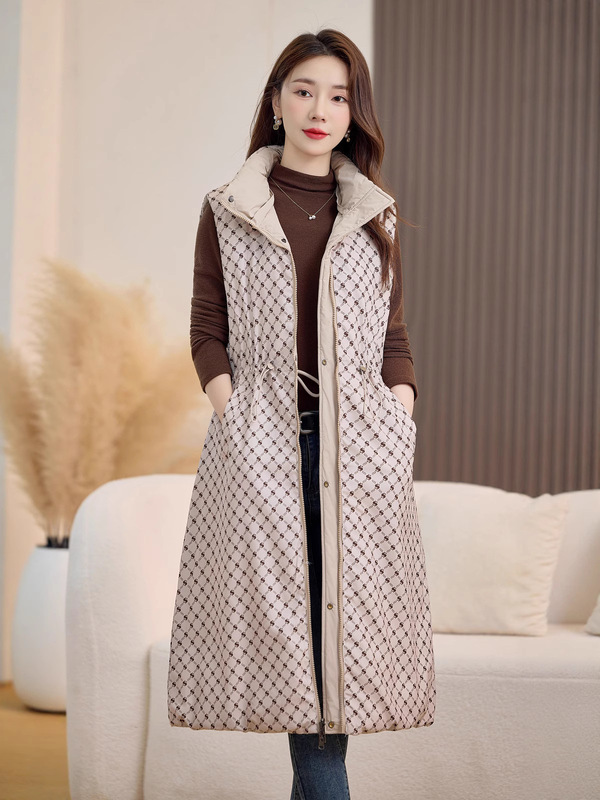 防水貂毛修身棉马甲女2025秋冬新花纹撞色两面穿连帽中长款棉马夹|undefined