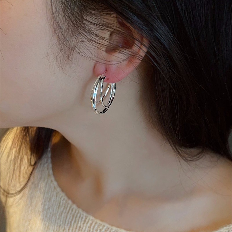 Niche atmosphere 18K real gold-plated multi-layer C- ring earrings fashion commuter INS style fashion simple ear jewelry