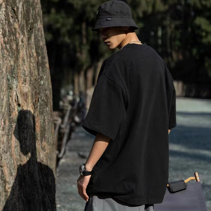 350g americano pequeño cuello de hombro caer camiseta de manga corta para hombres y mujeres suelta camiseta de base de color sólido pesado algodón puro