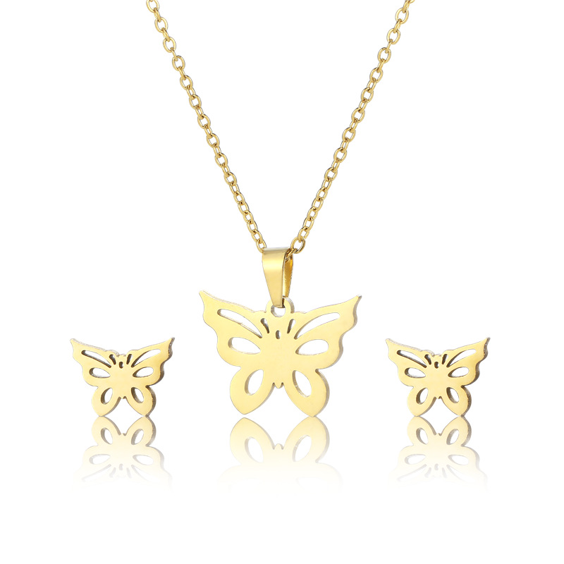 fashion butterfly necklace earrings set gold-plated stainless steel two-piece