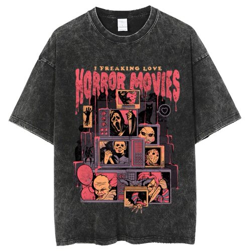 Y2K cartoon anime washed t-shirt American hip-hop skull head graphic cat print t-shirt