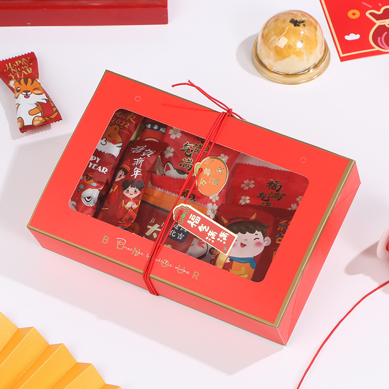 Ventana abierta transparente rojo Año Nuevo Caja de galletas portátil para hornear copo de nieve caja de dulces crujientes pastelería arroz glutinoso caja de barco