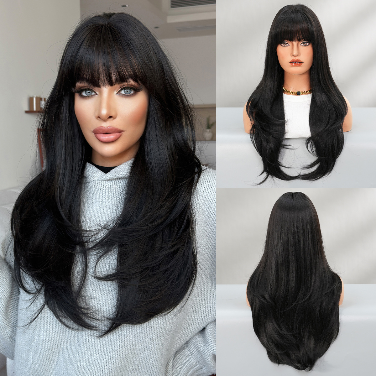 Peruca de moda femenina cara redonda capa de cabello recto super largo cabello negro completo peluca de alta calidad fibra química cubierta de cabeza