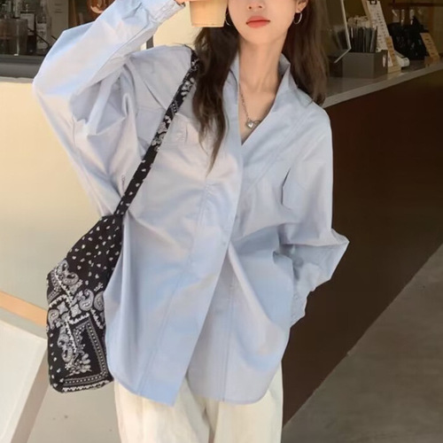 White long-sleeved women's shirt with design sense, niche V-neck loose and versatile casual top, new 2025 spring style