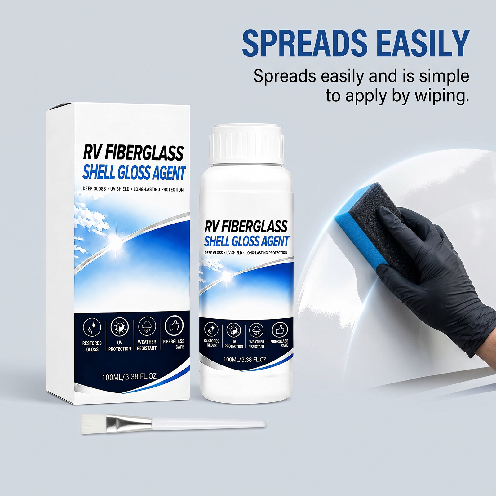 RV fiberglass exterior polish: RV body glass cleaner, polisher, brightener, and protective coating for maintenance