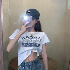 ins超火网红短袖T恤女2022韩版潮原宿风短款紧身百搭chic港味上衣