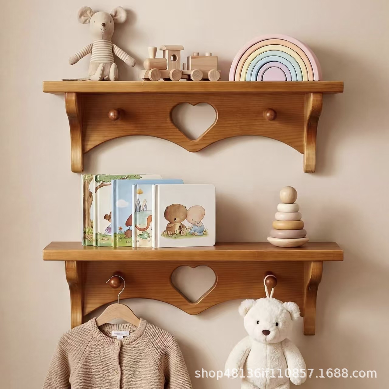 Wooden storage rack for living room, heart-shaped floating shelf with hooks, solid wood children's toy display rack, wall storage rack