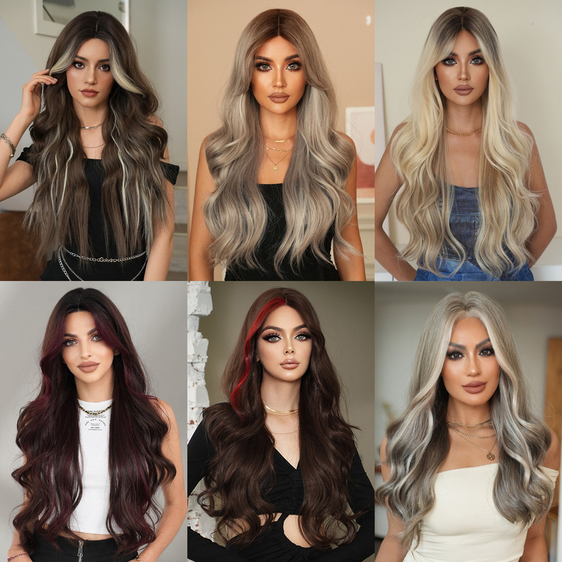 high quality small lace wig women's full head forehead hand hook natural long curly hair large wave wig headgear wholesale