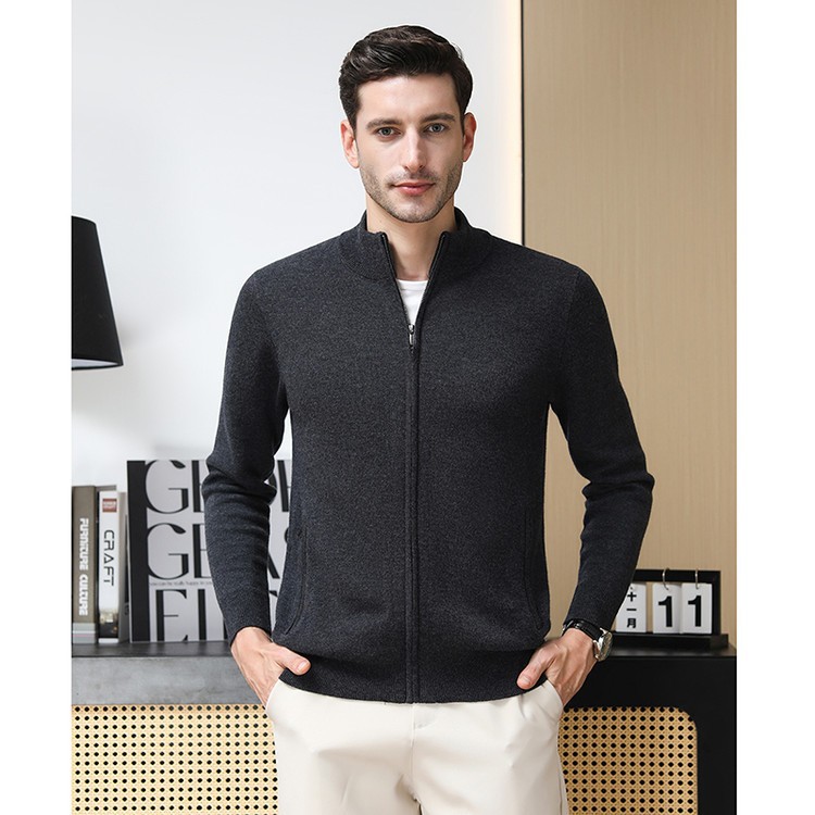 Suéter de lana de hombre cardigan de punto otoño invierno grueso chaqueta de lana pura de mediana edad papá cremallera cuello vertical suéter