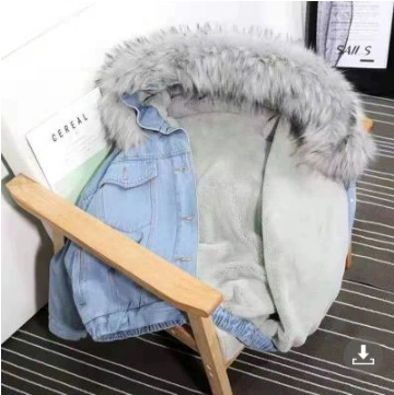 Denim short down jacket, oversize, warm padded coat with fur collar, summer style