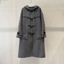 2024冬季女装气质宽松牛角扣连帽中长款毛呢大衣外套41022336拼接