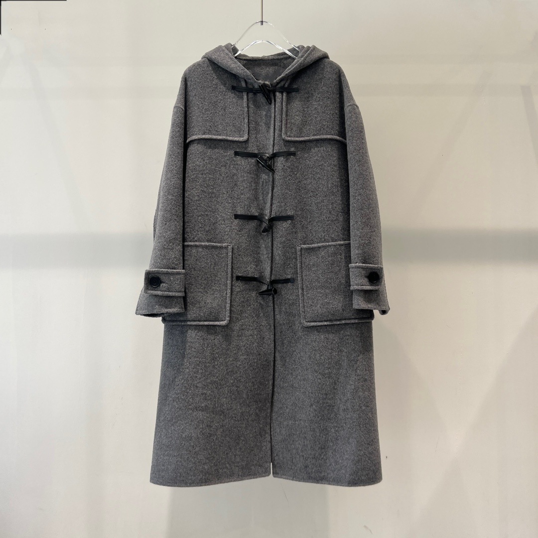 2024冬季女装气质宽松牛角扣连帽中长款毛呢大衣外套41022336拼接