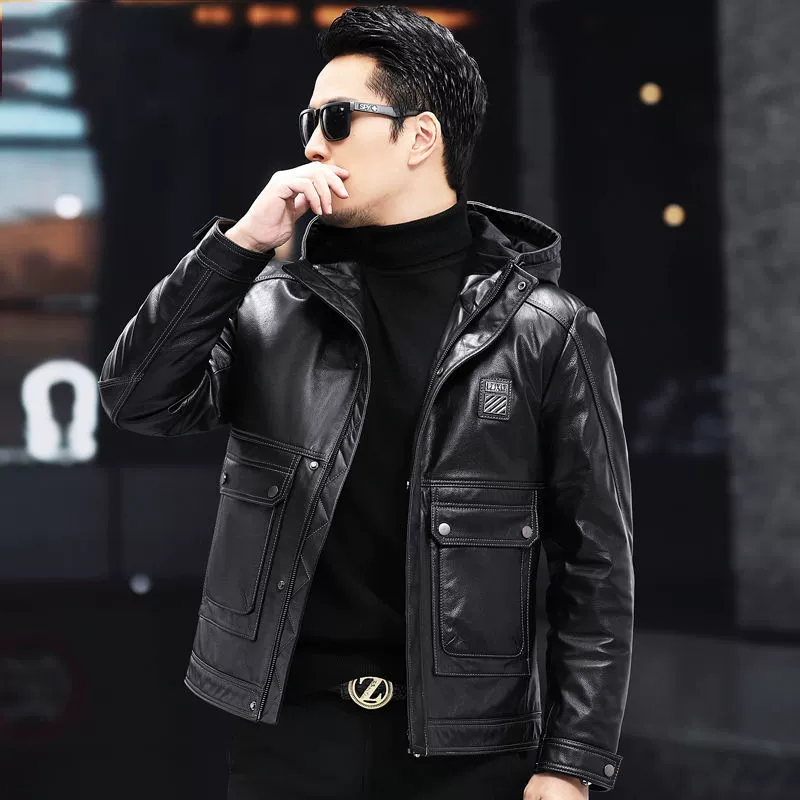 Кожаный подклад с пухом и капюшоном, куртка, телятина, натуральная кожа, облегающий крой