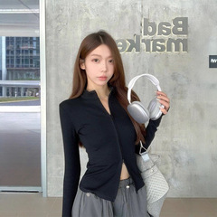 辣妹设计感双拉链立领长袖T恤女秋季小众修身短款上衣内搭打底衫