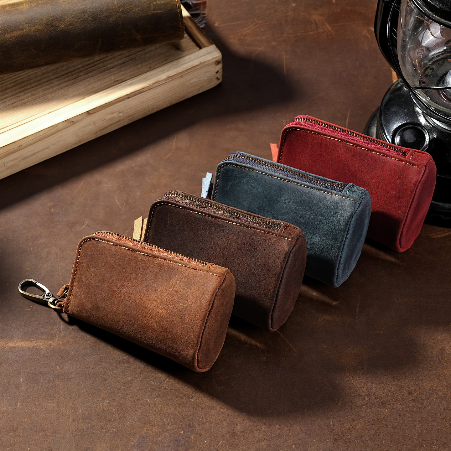 Cross-Border Bucket-Style European and American Crazy Horse Leather Key Case, Large Capacity Vintage Genuine Leather Car Key and Home Key Holder
