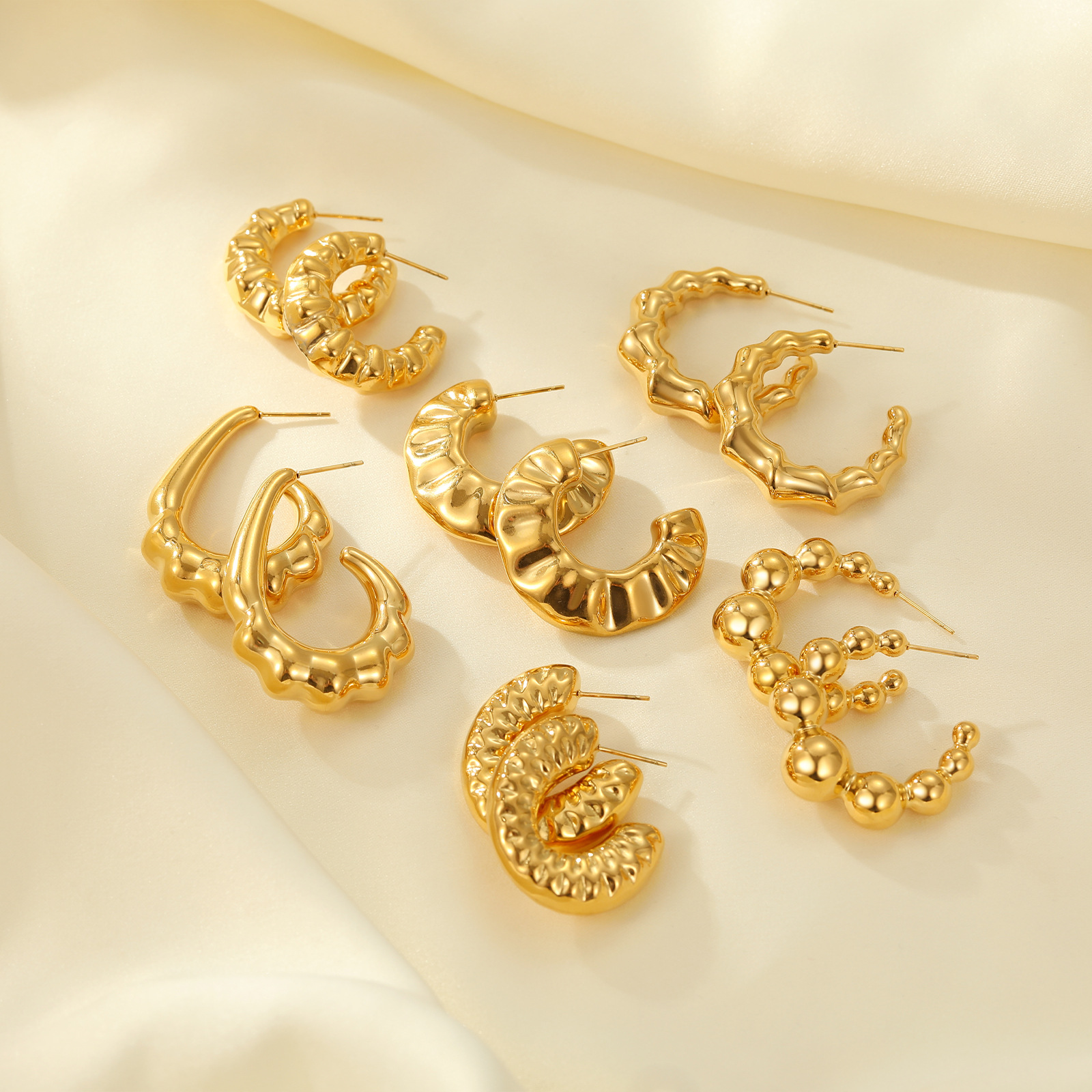 Cross-Border European and American Style Threaded C-Shaped Gold Earrings Niche Design Minimalist Stud Personality Earrings