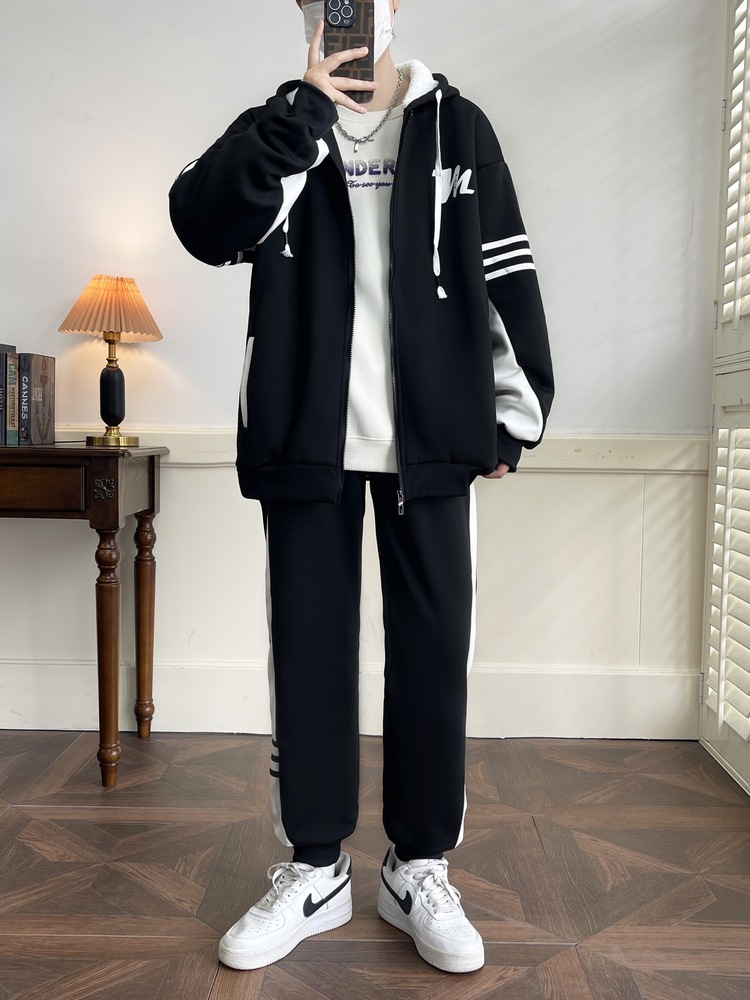 Juveniles hombres otoño y invierno más terciopelo traje casual cardigan encapuchado pantalones largos de dos piezas traje casual de hombre