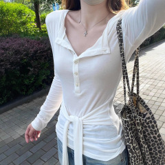 【莱赛尔雪花棉】美式辣妹绑带V领长袖t恤女秋季罩衫上衣潮