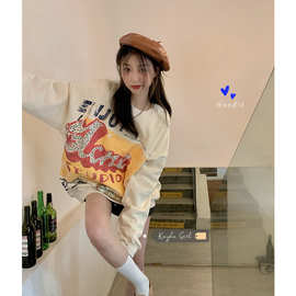 印花圆领卫衣女春秋季新款慵懒风宽松中长款