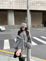 【工厂现货】灰色绑带收腰毛呢外套女秋冬长袖宽松大衣中长款上衣