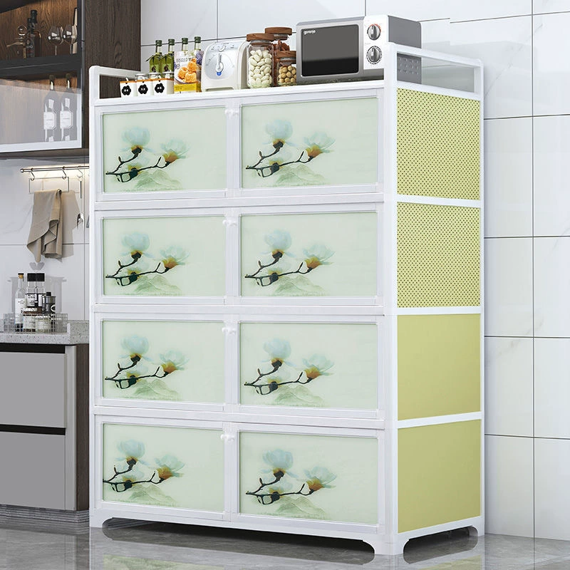 Кухонная полка напольная многослойная многофункциональная алюминиевая тумба для хранения с дверцей, шкаф для посуды и кастрюль